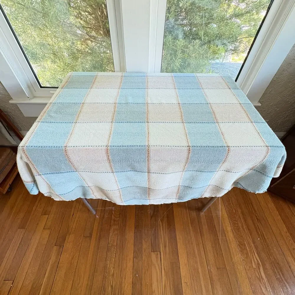 Vintage Blue Cream Plaid Round Tablecloth 64 Inch